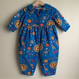 Vintage Please Mum Blue Floral Cotton Long Sleeve Baby Jumpsuit Size 12 Months
